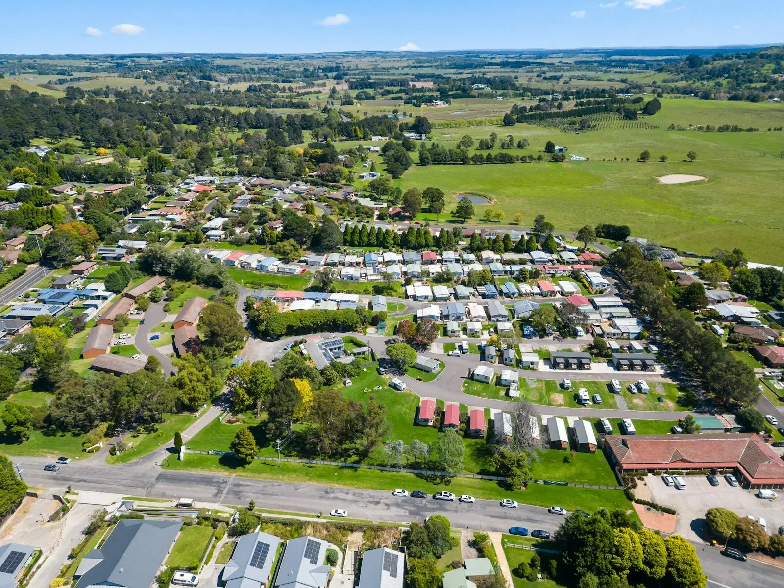 Aerial view of a Southern Highlands town surrounded by farmland